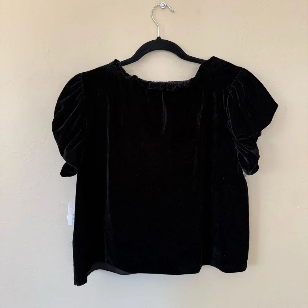 Free People Velvet Puff Sleeve Top Black Smocked V Neck Boho Chic Romantic XS